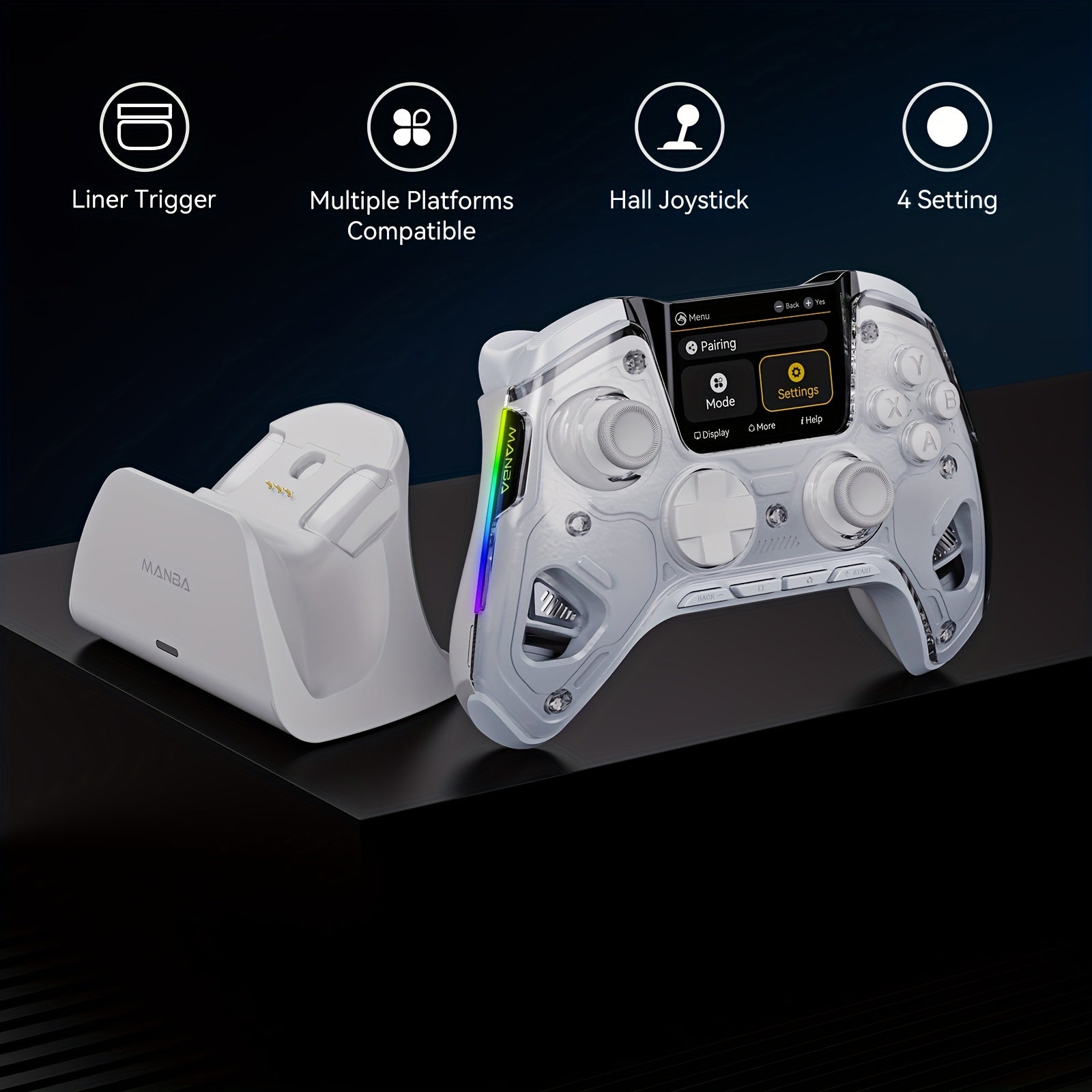 Screen Gaming Controller for PC/Switch/iOS/Android/Steam Deck, 1800mAh Hall Effect Controller with LED, Mapping Buttons, Charging Dock (White)-Version 2. (Notice)Not Compatible with Xbox, PS5 NOW