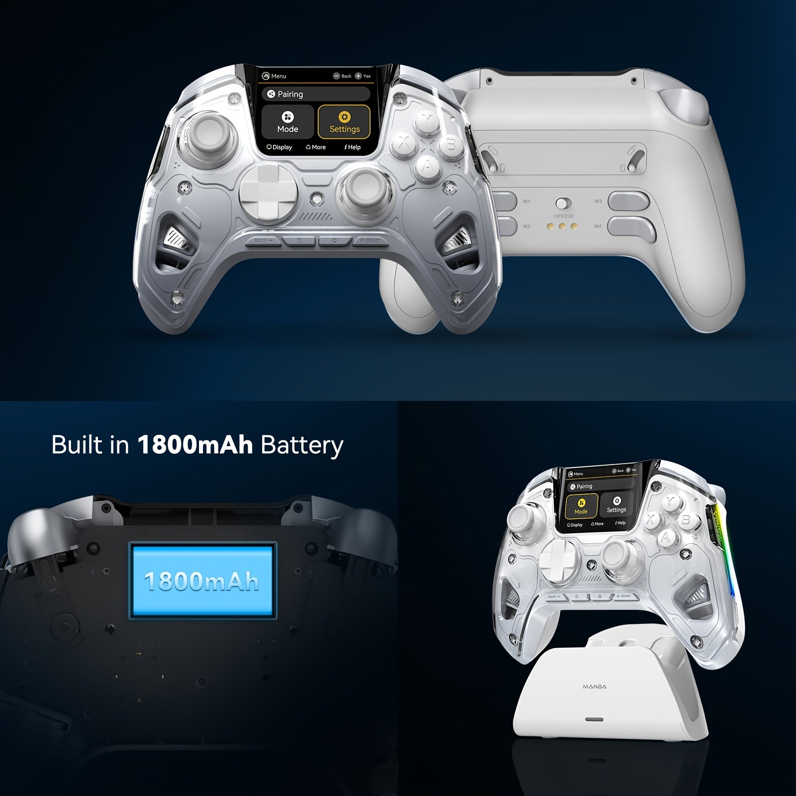 Screen Gaming Controller for PC/Switch/iOS/Android/Steam Deck, 1800mAh Hall Effect Controller with LED, Mapping Buttons, Charging Dock (White)-Version 2. (Notice)Not Compatible with Xbox, PS5 NOW